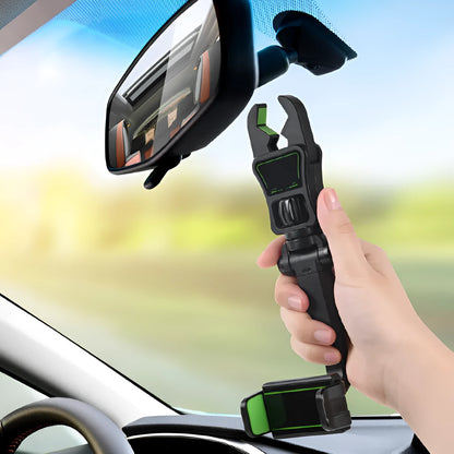 Black and green car phone holder mounted on rear view mirror bracket with AR navigation pillow design