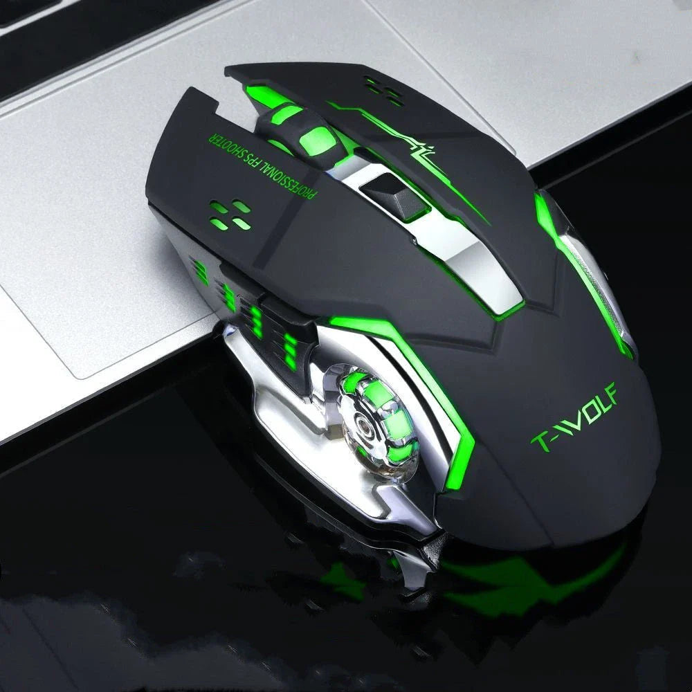 Wireless 2.4GHz USB optical gaming mouse with backlit controls, adjustable DPI, and ergonomic design for comfortable gaming