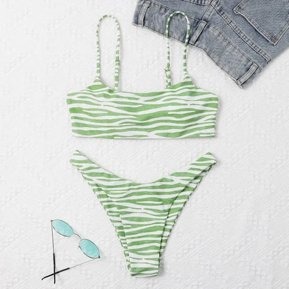Ladies two piece bikini set with striped pattern in eight colours, sizes S to XL