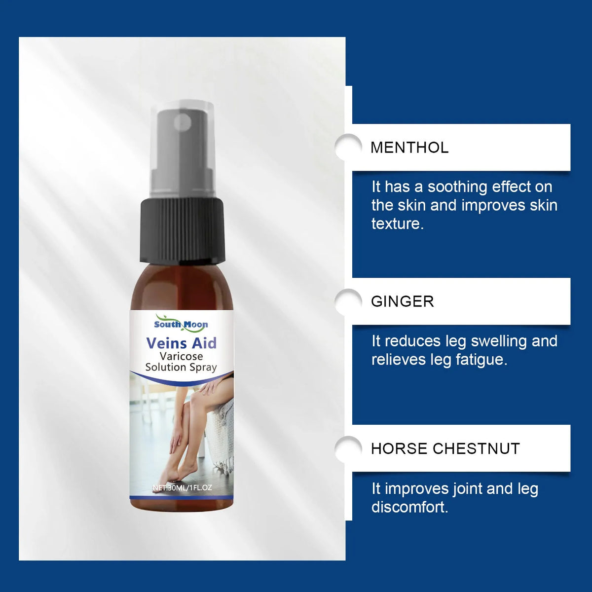 30ml leg care spray bottle with menthol, ginger and horse chestnut for massage treatment