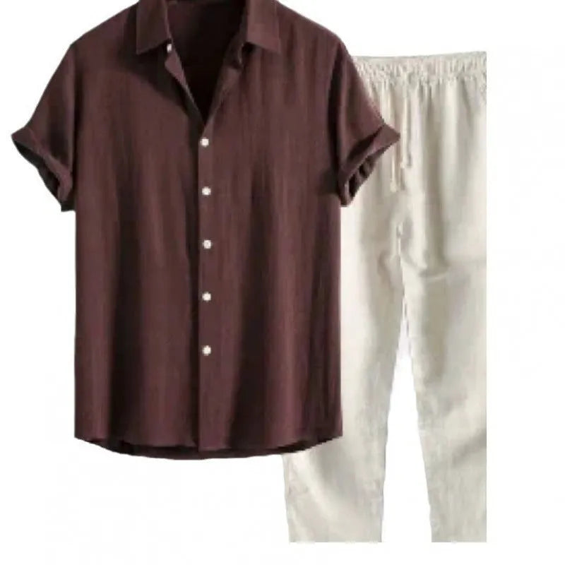 Men's loose fit short sleeve shirt and trousers casual suit set in various colours