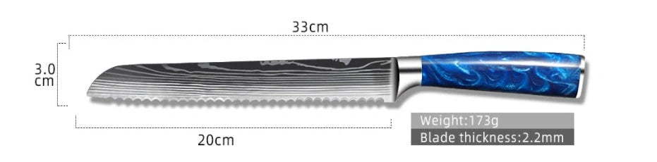 8-inch Chef Knife with vibrant blue resin handle, perfect for precision cutting in the kitchen.