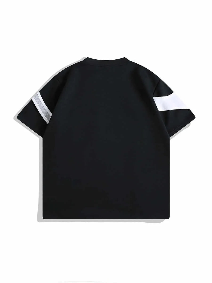 Black and white loose fit short sleeve t-shirt with double stitching and padded shoulder design