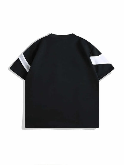 Black and white loose fit short sleeve t-shirt with double stitching and padded shoulder design