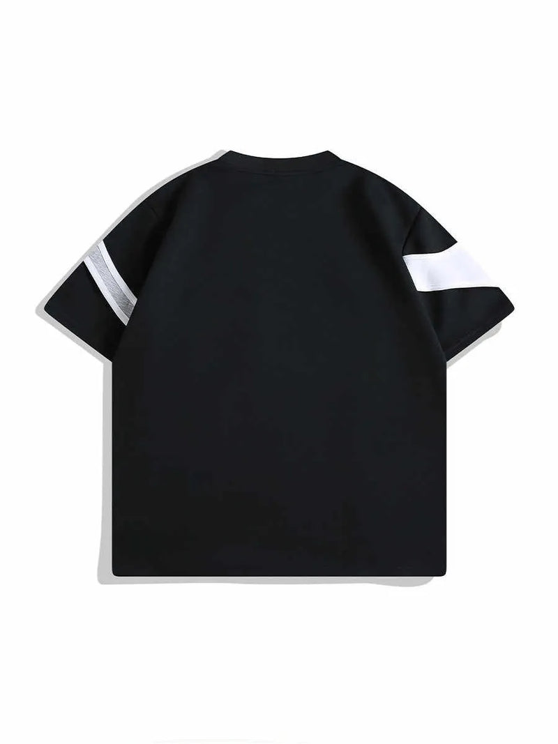 Double-layer stitching padded shoulder short sleeve strap t-shirt with loose regular cut and round neck collar in black or white for everyday casual wear in sizes 2XL, M, L, and XL featuring reinforced shoulder construction