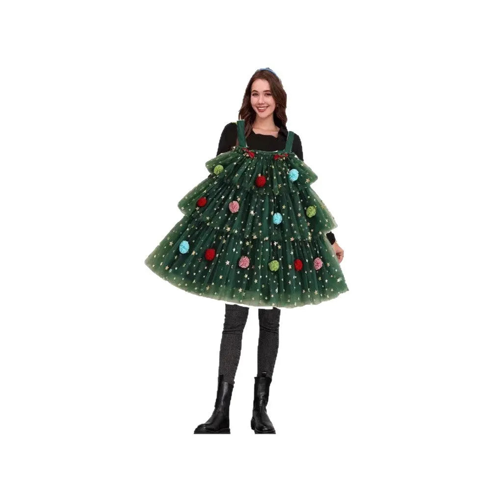 Green mesh polka dot dress with Christmas tree pattern, tiered skirt, and wide waistband