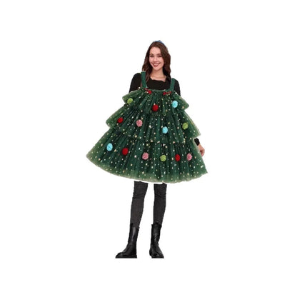 Green mesh polka dot dress with Christmas tree pattern, tiered skirt, and wide waistband