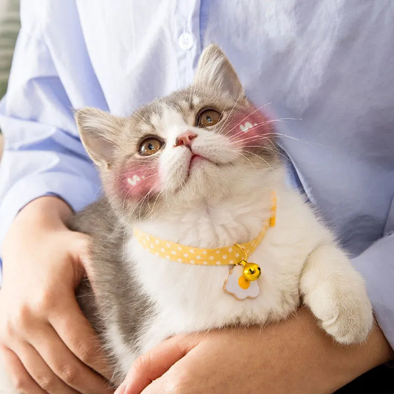 Adjustable small pet collar with bell pendant and bow tie decoration in green, pink or yellow