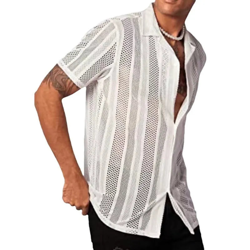 Men's white knitted short-sleeve shirt with button front and jacquard texture