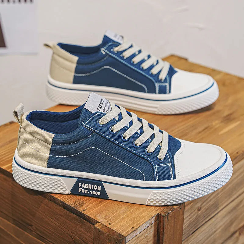 Men's low-top blue canvas skate shoes with round toe and flat heel on a white background.