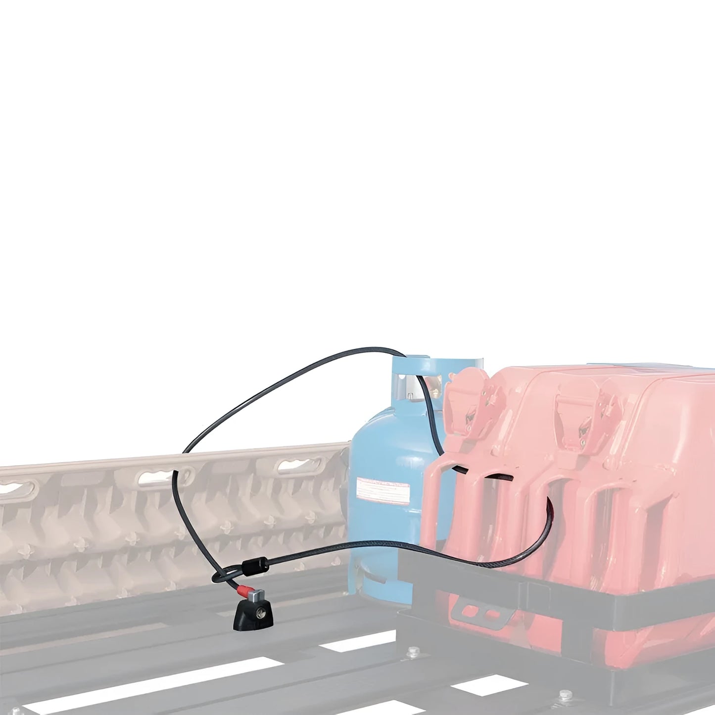 Plastic-sheathed steel cable lock for securing a kayak to a vehicle roof rack.