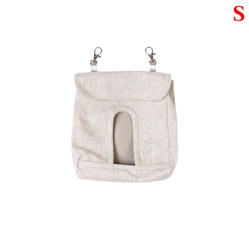 Versatile cloth feeding bags for small pets like rabbits, guinea pigs, hamsters, and chinchillas, available in grey and blue colors in small, medium, and large sizes