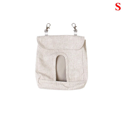 Versatile cloth feeding bags for small pets like rabbits, guinea pigs, hamsters, and chinchillas, available in grey and blue colors in small, medium, and large sizes