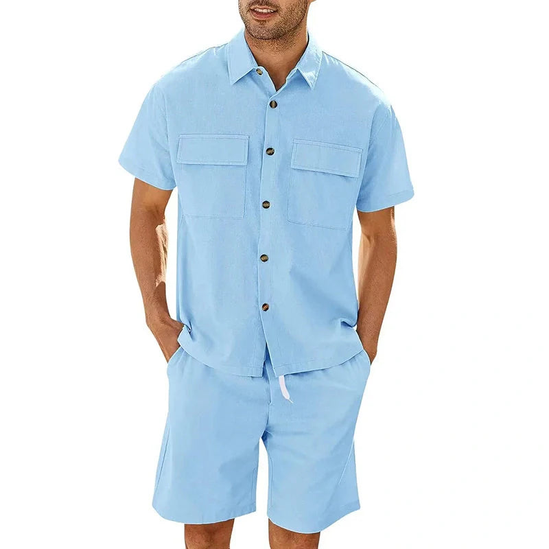 Men's summer suit set with short sleeve lapel shirt and drawstring shorts in various colors