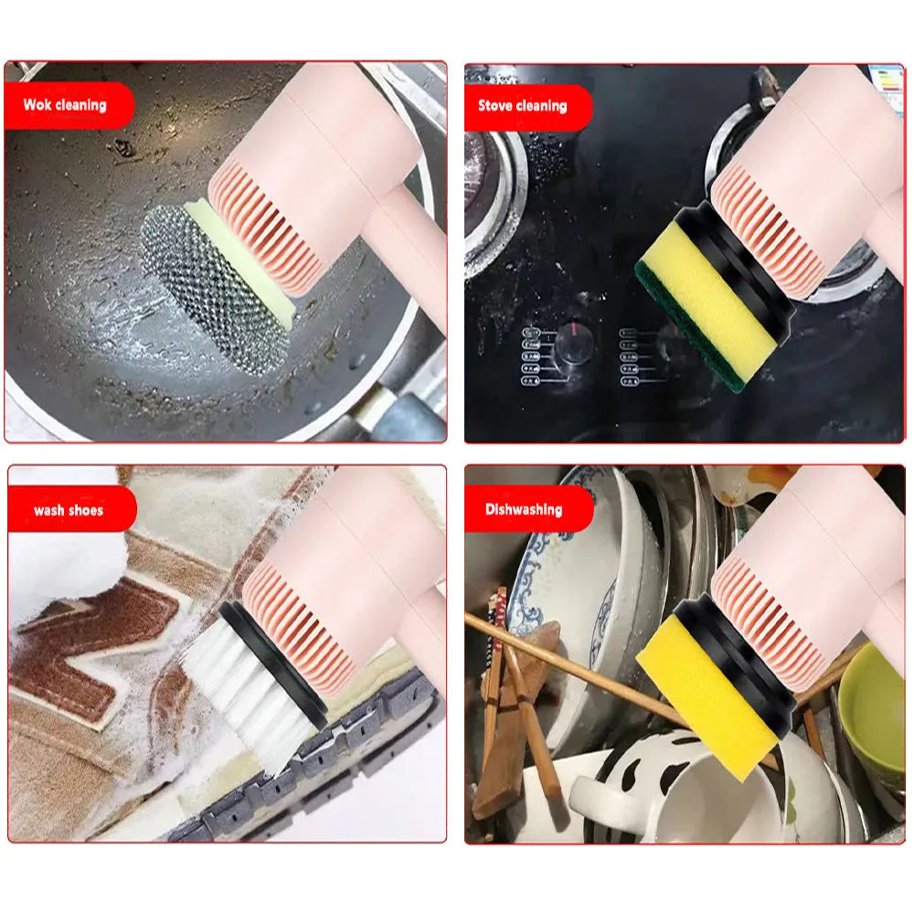 Green electric cleaning brush with scouring pad and brush heads on a kitchen worktop.