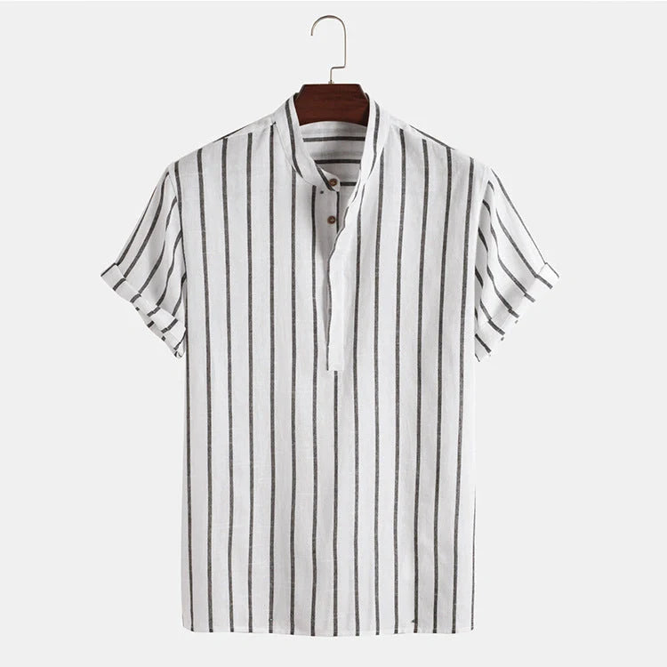 Men's striped short sleeve cotton shirt in white, red, gray, and blue