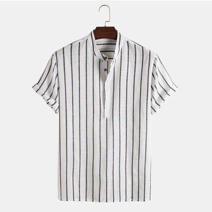 Men's striped short sleeve cotton shirt in white, red, gray, and blue