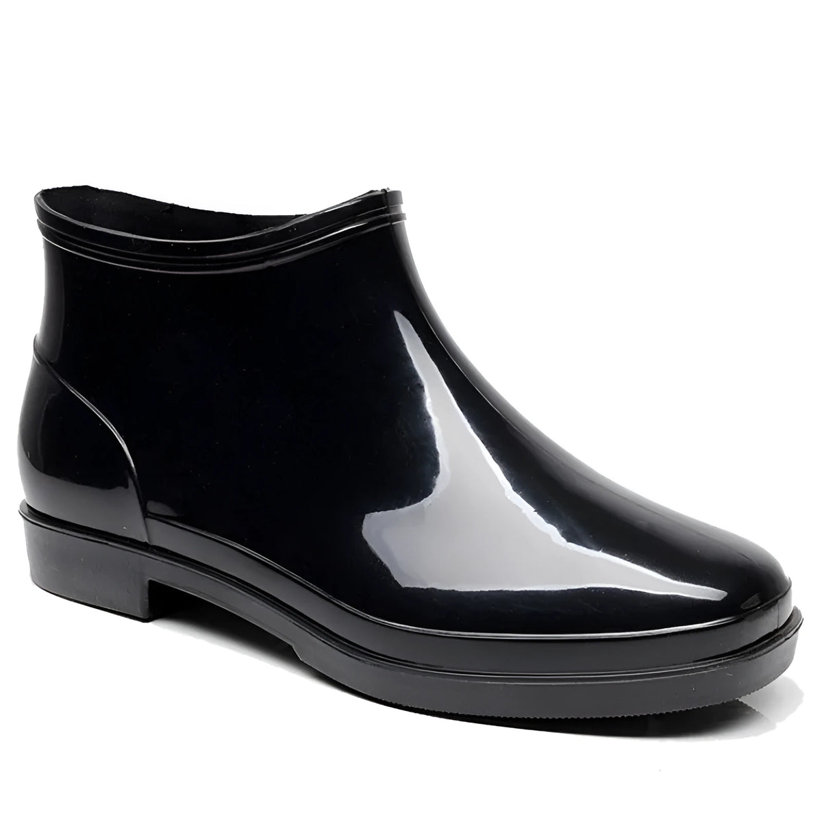 Black short-tube men's rain boots with non-slip plastic sole and PVC upper, sizes 36-50.