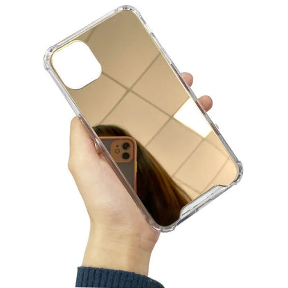 Mirror finish iPhone case showing transparent PC shell with reflective silver surface and back cover design