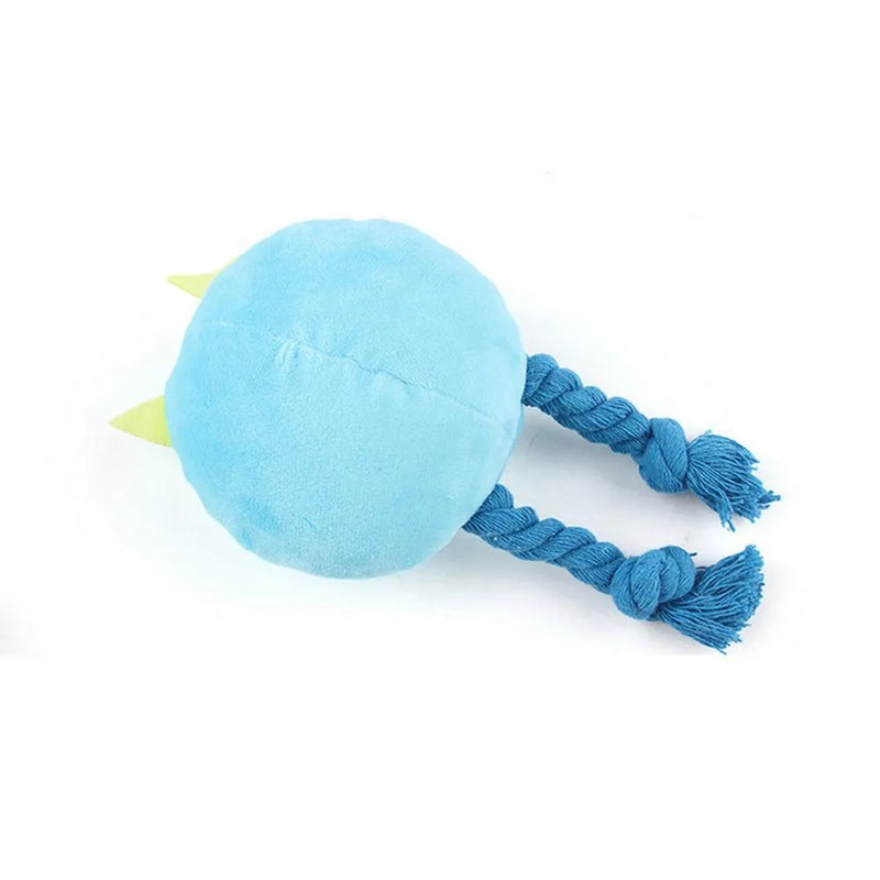 Dog squeaky toy for teething and play with strong knot rope design, cotton and PP cotton filling in blue or yellow colour for small to medium dogs