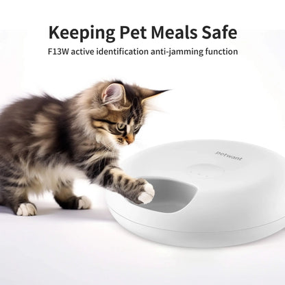 WiFi-enabled automatic pet feeder with app control, six food compartments, and two ice packs.