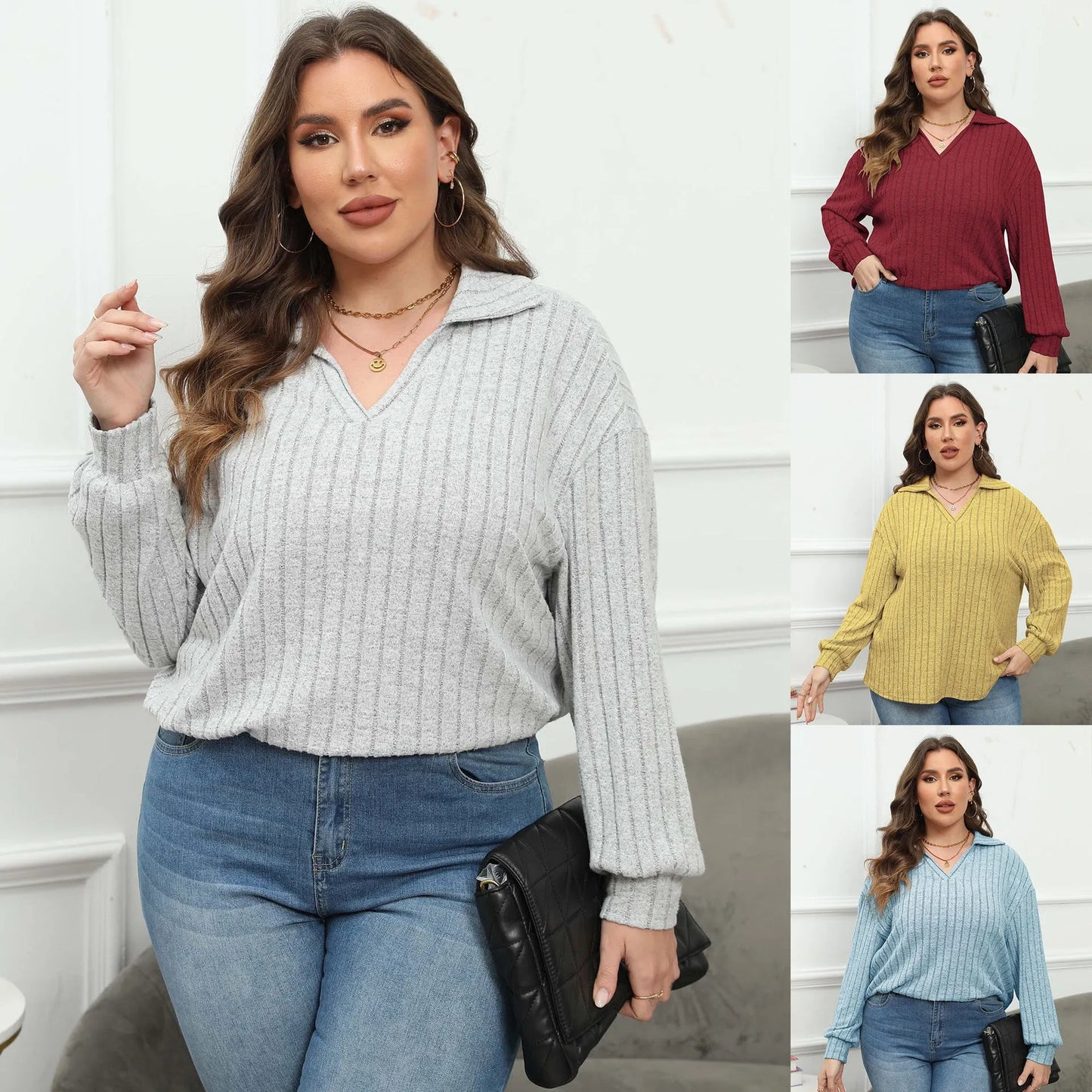 Women's plus size polo collar shirt in melange gray with lantern sleeves and street fashion Gothic style