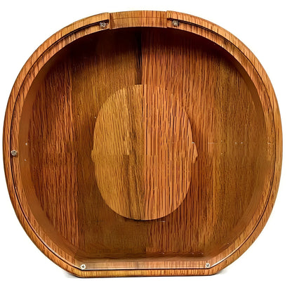 Handmade wooden letter piggy bank with personalised initial, showing 15cm height and 5cm coin slot for UK coins