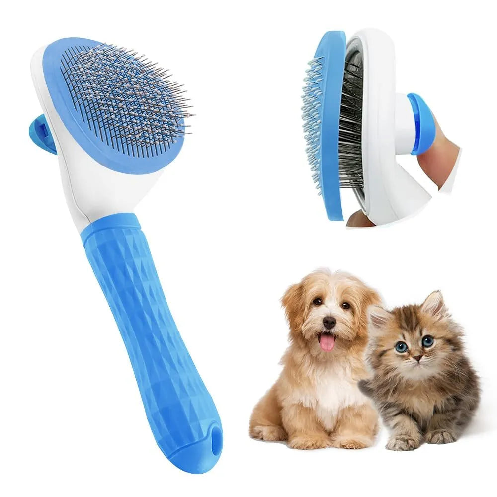 Blue cat brush with release button and fine wire bristles for grooming pets