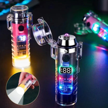 Transparent shell dual arc USB charging lighter with waterproof LED light in various colors