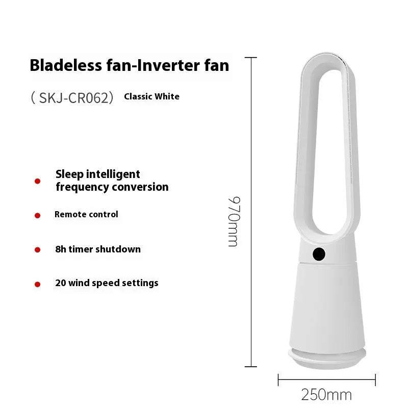White SK bladeless tower fan with remote control on a wooden desk.