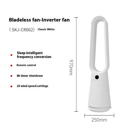 White SK bladeless tower fan with remote control on a wooden desk.