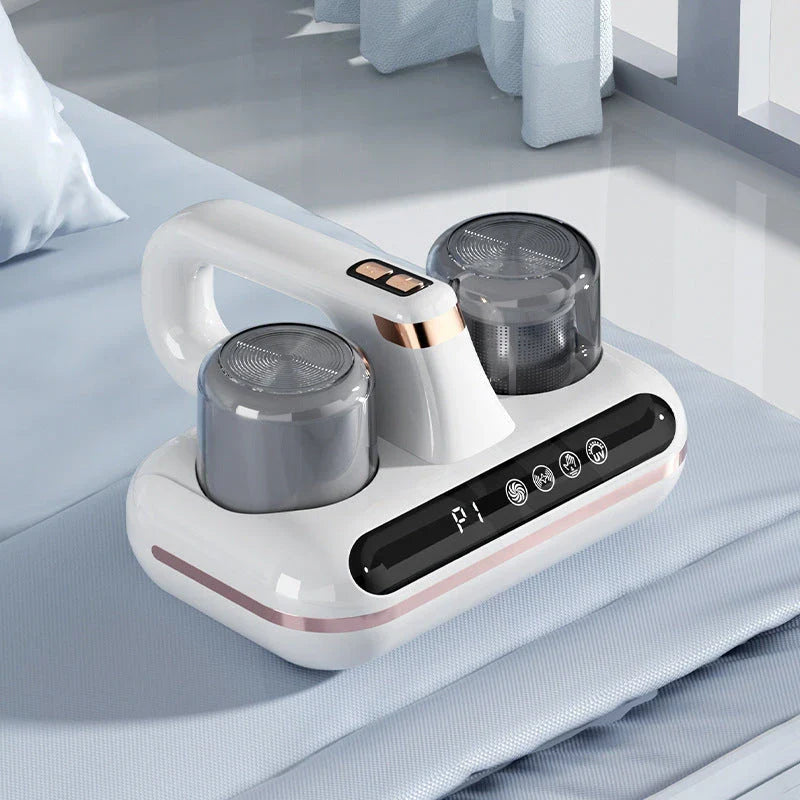 Cordless mattress vacuum cleaner with powerful suction, UV sterilization, and lightweight design for deep cleaning bedding and eliminating dust mites and allergens.