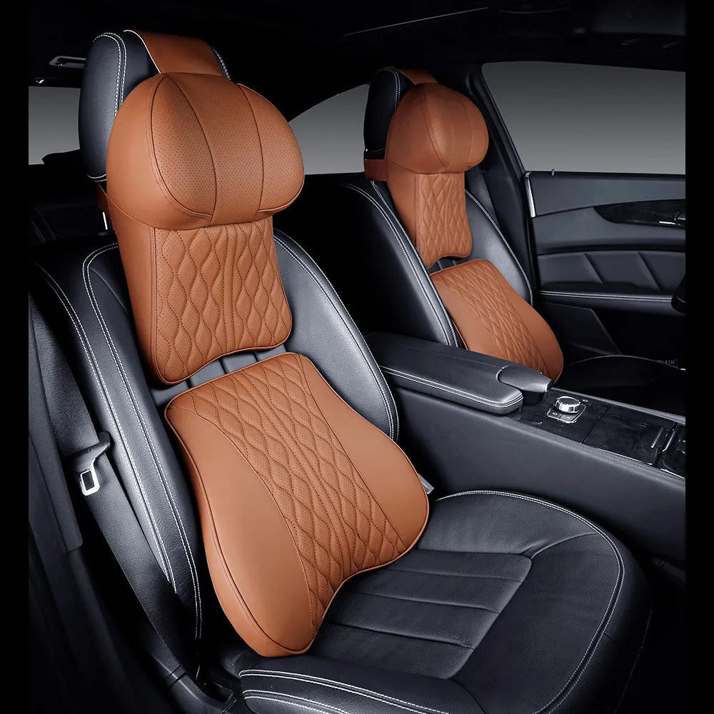 Car neck pillow and lumbar support set in leather-embossed polyester with wavy pattern design