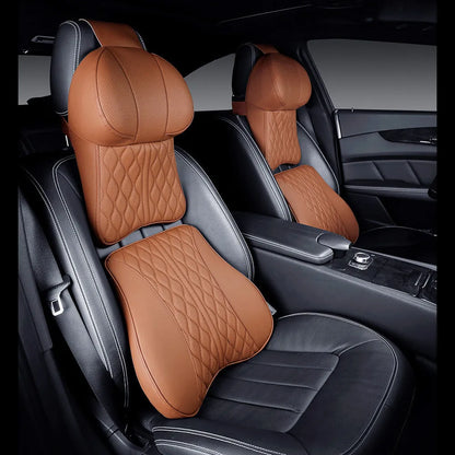 Car neck pillow and lumbar support set in leather-embossed polyester with wavy pattern design