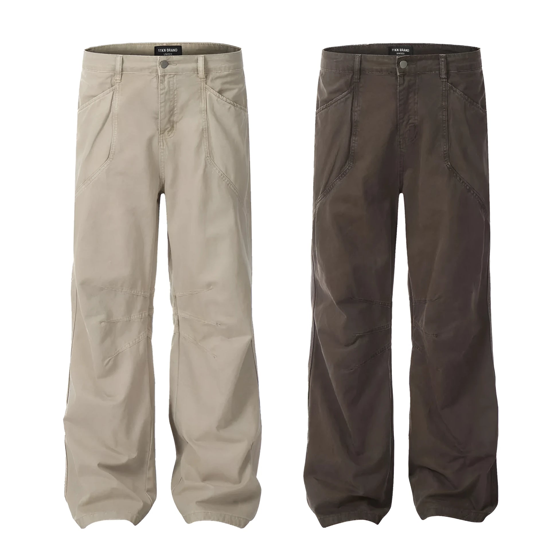 Men's brown loose straight leg cotton trousers with high waist and zipper fly
