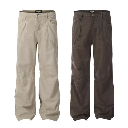 Men's brown loose straight leg cotton trousers with high waist and zipper fly