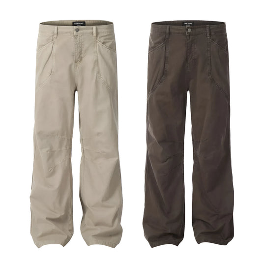 Men's brown loose straight leg cotton trousers with high waist and zipper fly