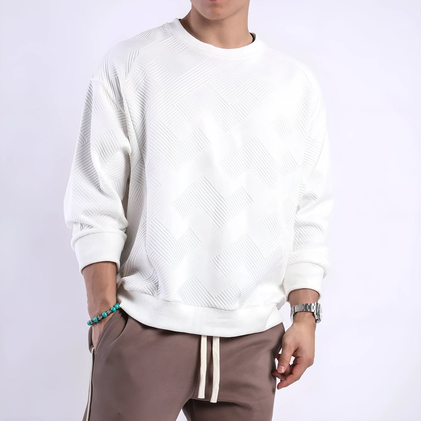 Men's long-sleeved twill Jacquard pullover sweater in loose fit with round neck