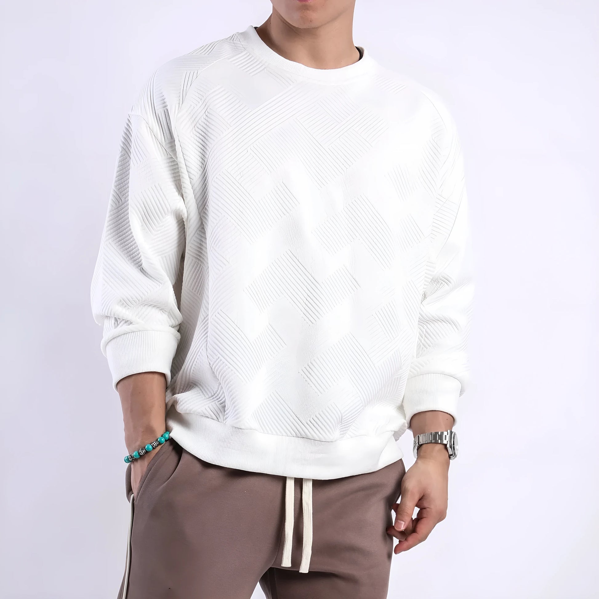 Men's long-sleeved twill Jacquard pullover sweater in loose fit with round neck