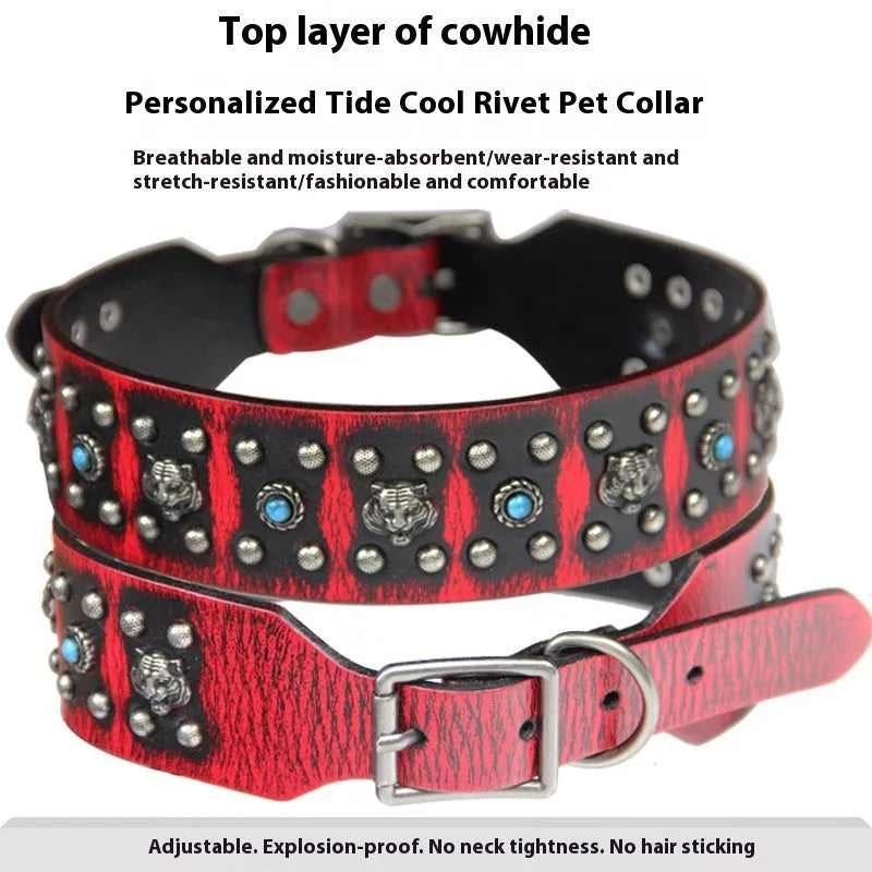 Leather rivet dog collar for large dogs in dark red, gold, silver, orange or red, sizes L and XL