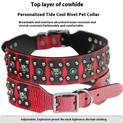 Leather rivet dog collar for large dogs in dark red, gold, silver, orange or red, sizes L and XL