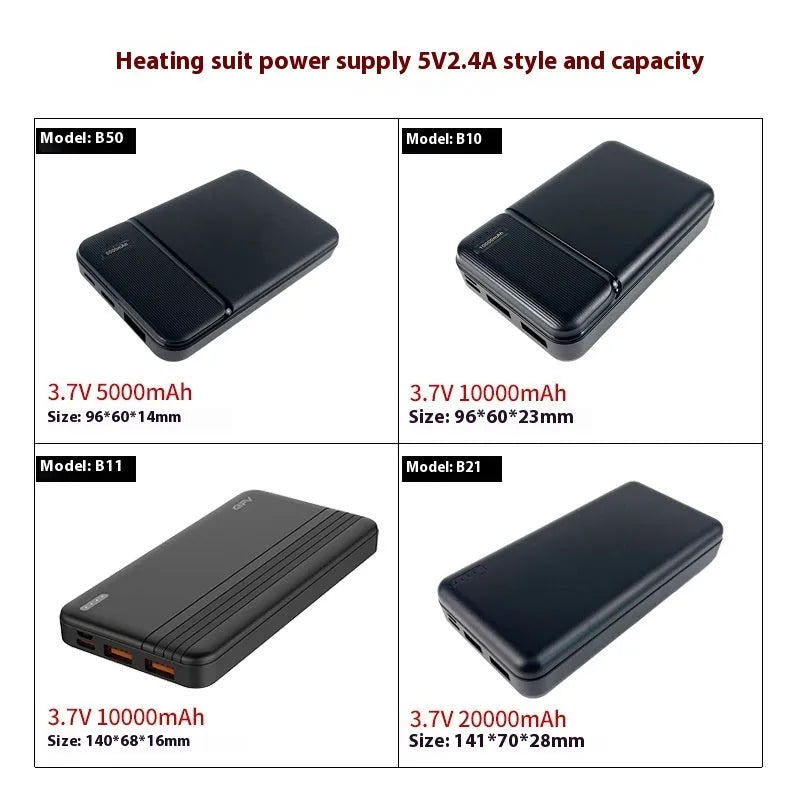 Power bank for heated clothing and mobile phones, 5000mAh to 20000mAh, 5V 7.4V 12V options, overcharge protection
