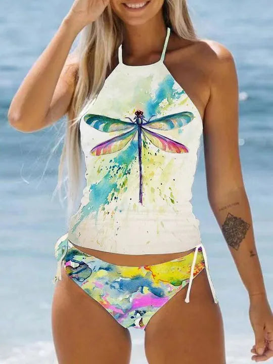 Colourful conservative women's swimsuit with cartoon printing and split brief design