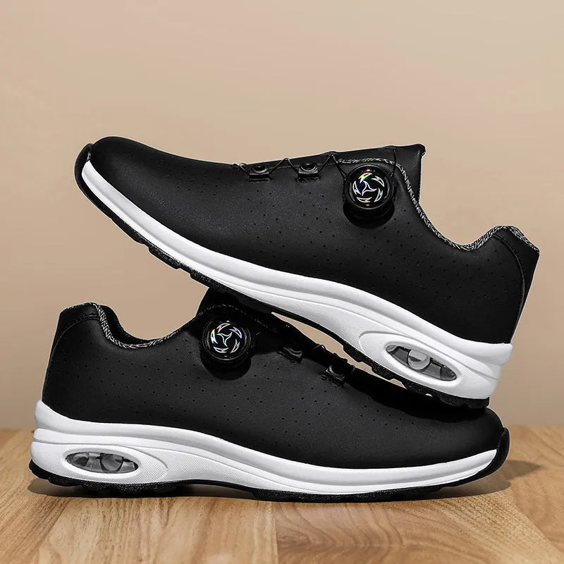 Low-top black mesh casual tennis shoes with cross shoulder straps and white composite sole