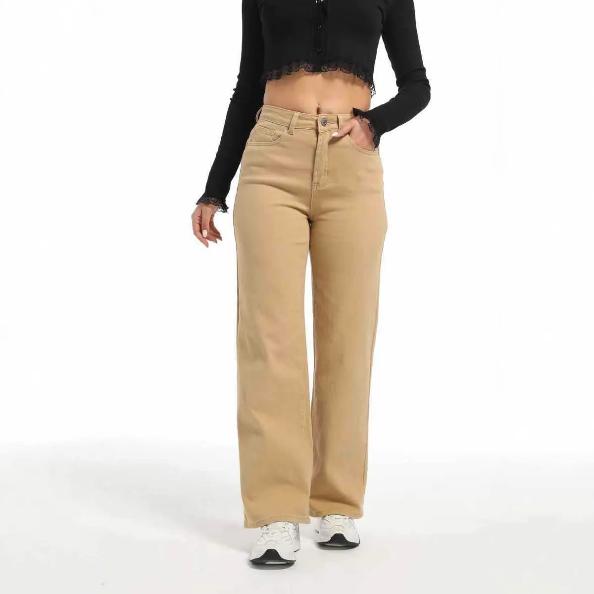 Women's autumn straight jeans in apricot colour showing high waist design and wide leg cut on mannequin