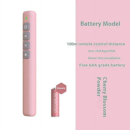 A whiteboard remote control pen for PPT presentations, shown in black, white, and pink colour options.
