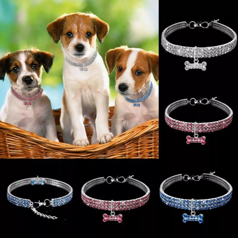 Adjustable bling rhinestone dog collar for small to medium pets in blue, white, and pink