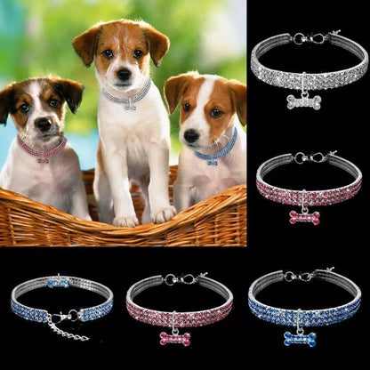 Adjustable bling rhinestone dog collar for small to medium pets in blue, white, and pink