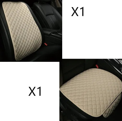 Flax linen car seat cover protector in beige, black, red and brown, with cushion and five-seat style options.