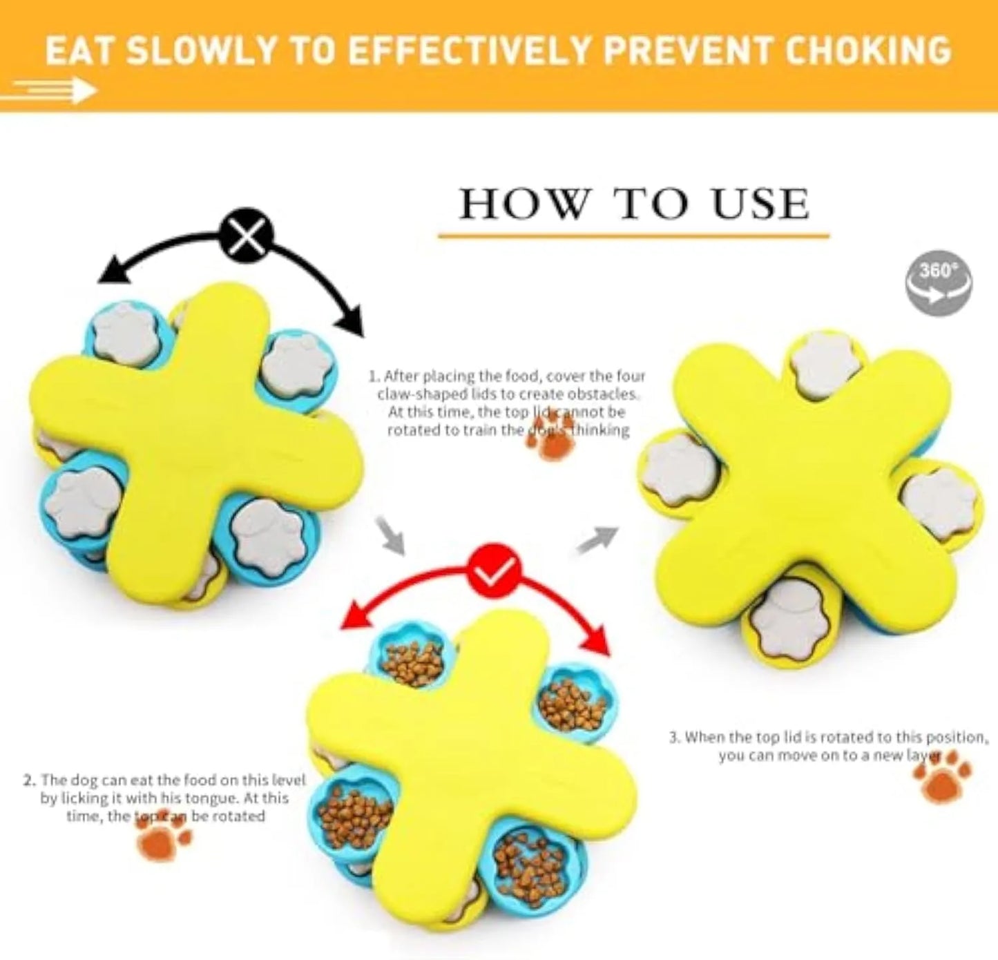Yellow dog puzzle feeder with rotating lid and non-slip base for slow feeding and IQ training